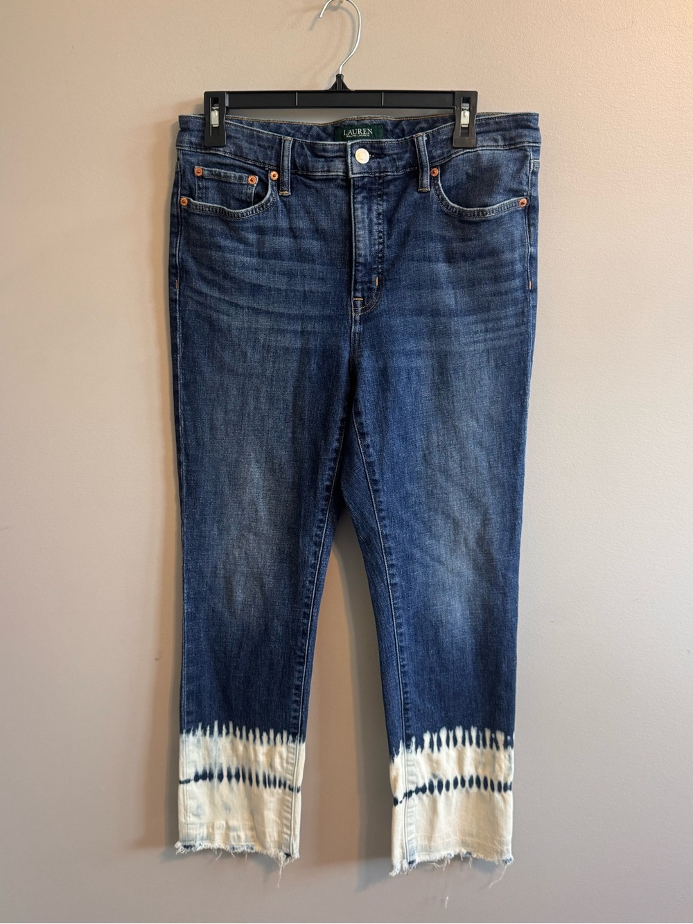 Lauren Ralph Lauren Jeans Size 12 Tie Dye Raw Hem Cropped Blue Denim